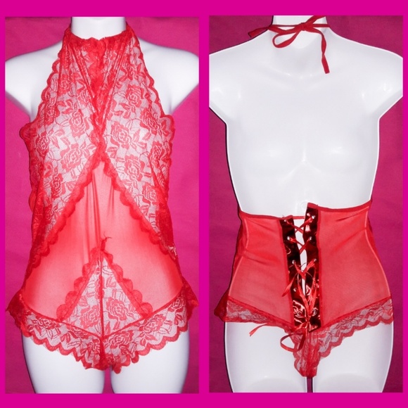 Red Rose Lace Mesh Stretchy Halter Bodysuit - Picture 2 of 6